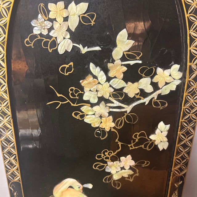 Pair of Vintage Chinese Hardstone Inlaid Black Lacquer Wall Plaques – Peacock & Floral – 36” For Sale - Image 6 of 12