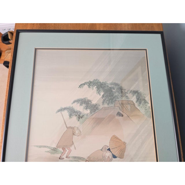 Japanese Vintage Japanese Silk Painting Signed Shoun, Travelers in Rain Nihonga Watercolor, Japandi Wall Art, Zen Landscape Decor For Sale - Image 3 of 15