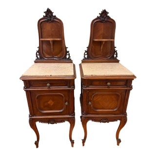 Pair of Antique French Marble-Top Bedside Cabinets / Nightstands With Carved Crests, Circa 1900 For Sale