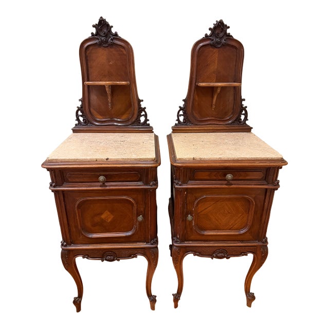 Pair of Antique French Marble-Top Bedside Cabinets / Nightstands With Carved Crests, Circa 1900 For Sale