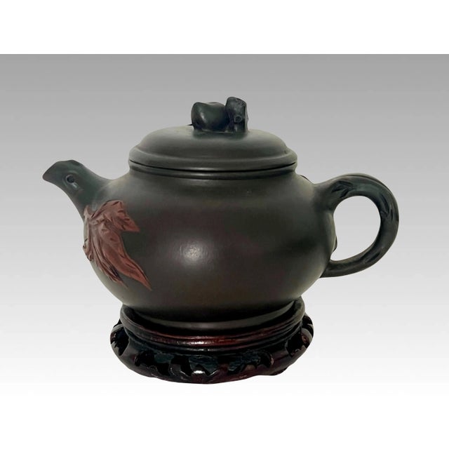 Signed and artist chopped / hall marked fine Yixing Zisha unglazed teapot topped with a Lucky Chinese Peach finial/knob...