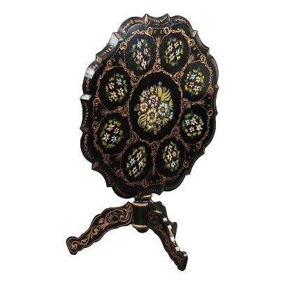 Antique English Hand-Painted Floral Tilt-Top Table, Late 19th Century. For Sale