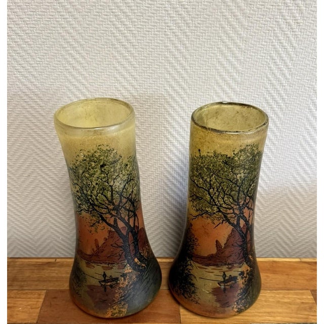Tinted Glass Roller Vases with Lakeside Landscape and Fishermen after Legras, 1890s, Set of 2 For Sale - Image 5 of 7