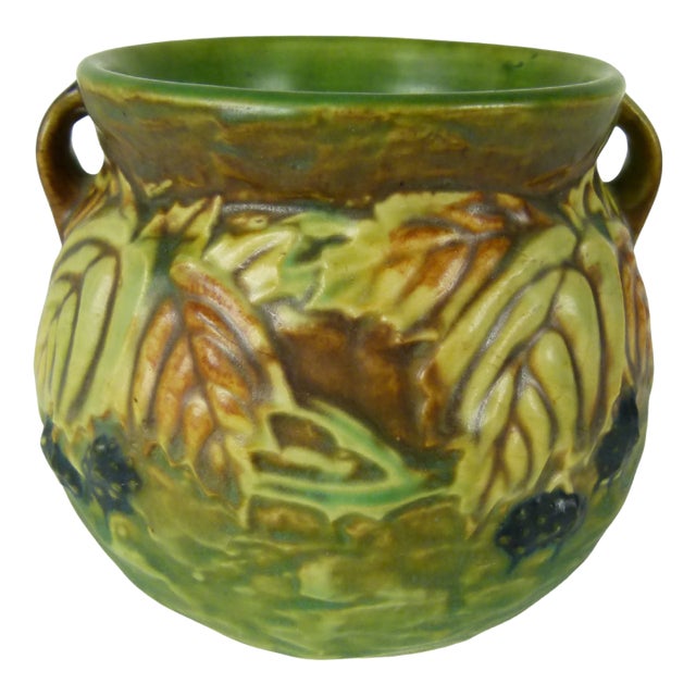 Roseville Blackberry 1932 Antique Art Pottery Jardiniere Vase | Double Handled | Genuine Gold Foil Label For Sale