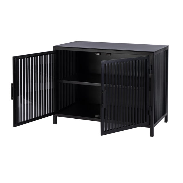 Industrial Worthington 35.5 in. W Iron and Glass Accent Storage Chest with 1 Interior Shelf, Industrial Chic For Sale - Image 3 of 7