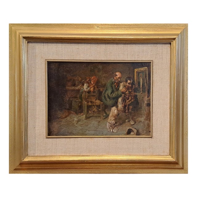 Interior with Bagpipers, Oil on Panel, 19th Century, Framed For Sale