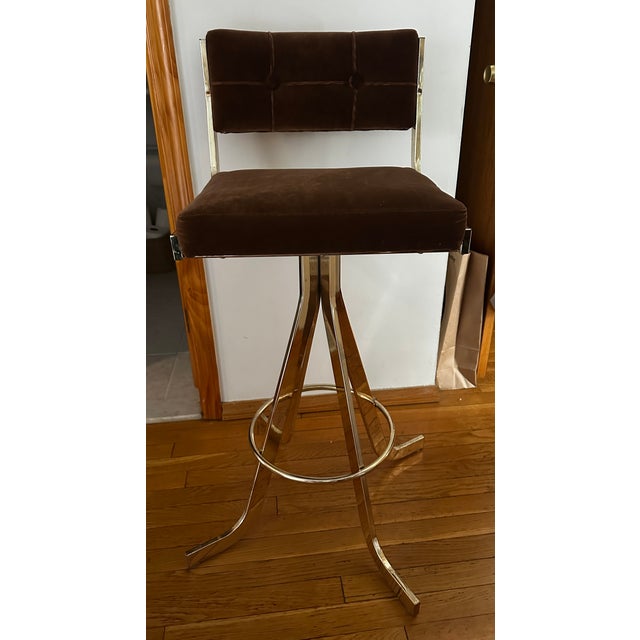 Four bar height, brown velvet swivel chairs. Vintage 1970s chairs with brass legs. Very comfortable seats and back rests....