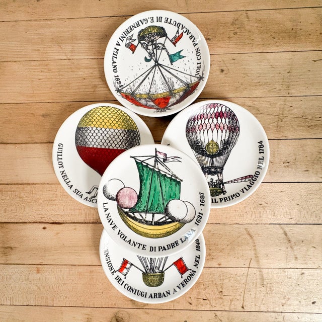 Ceramic Fornasetti "Palloni" Themed Ceramic Hot Air Balloon Coasters Set of 5 For Sale - Image 7 of 13