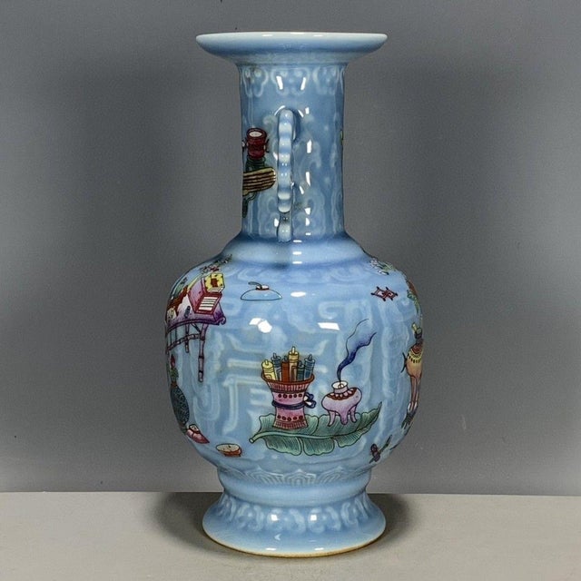 Chinese Chinese Light Blue Glazed Porcelain Vase With Famille Rose Antiques Motif For Sale - Image 3 of 9