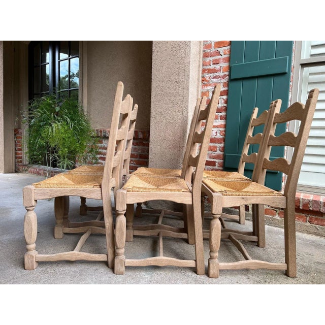 Set 6 Vintage French Ladder Back Dining Chairs Rush Seat Bleached Oak Farmhouse For Sale - Image 9 of 18