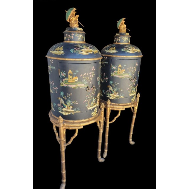 Wood 1980s Monumental Chinoiserie Hollywood Regency Handpainted Tea Caddy Shaped Faux Bamboo Dry Bar Storage Cabinets- A Pair For Sale - Image 7 of 16