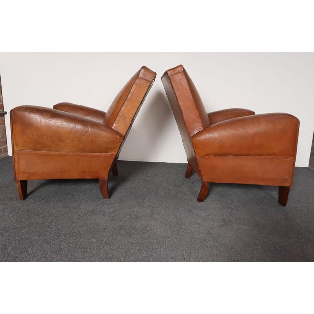 Pair of French Art Deco Leather Angled Back Club Chairs With Nailhead Decoration For Sale - Image 4 of 18