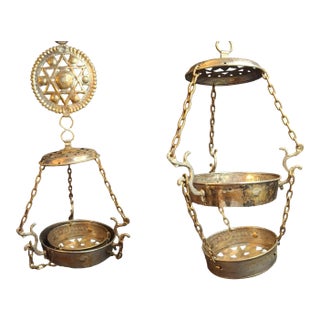 Late 19th Century Judaica Silver Plated Bronze Ner Tamid Synagogue Memorial Hanging Lamp Frame Eternal Light For Sale