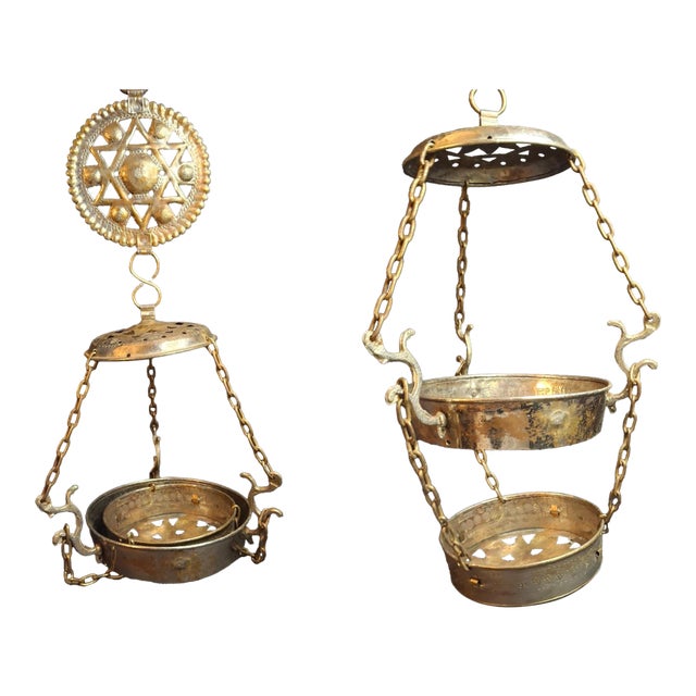 Late 19th Century Judaica Silver Plated Bronze Ner Tamid Synagogue Memorial Hanging Lamp Frame Eternal Light For Sale
