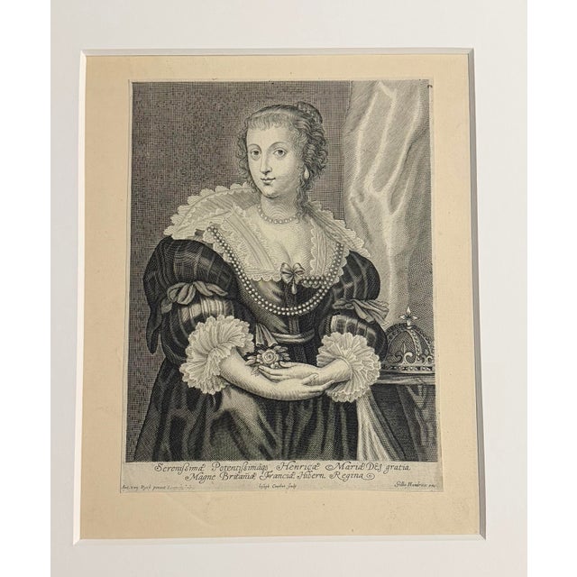 English 17th Century Henrietta Maria, Queen of England After Sir Anthony Van Dyck Engraved by Adriaen Lommelin / Joseph Antoine Couchet For Sale - Image 3 of 6