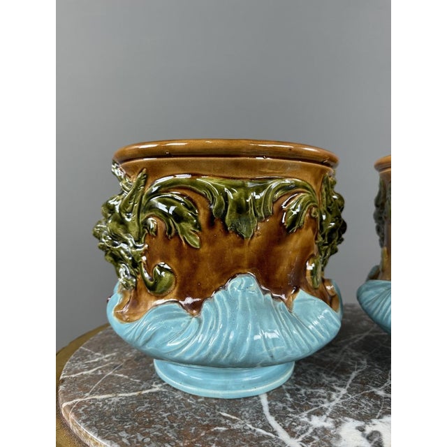 Gold 19th Century Mascaron-Decorated Earthenware Cachepots, Set of 2 For Sale - Image 8 of 11