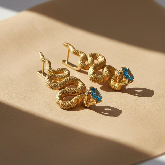 Metal Massive Snake Earrings With Blue Topazes in Opened Mouth, Pair For Sale - Image 7 of 10