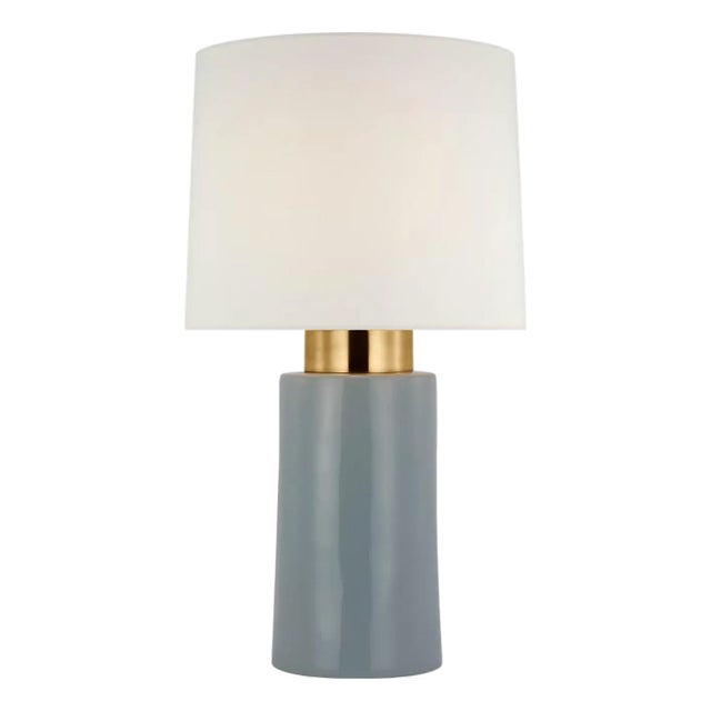 Barbara Barry by Visual Comfort Signature Xian 30" Table Lamp in Sky Gray and Soft Brass with Linen Shade For Sale