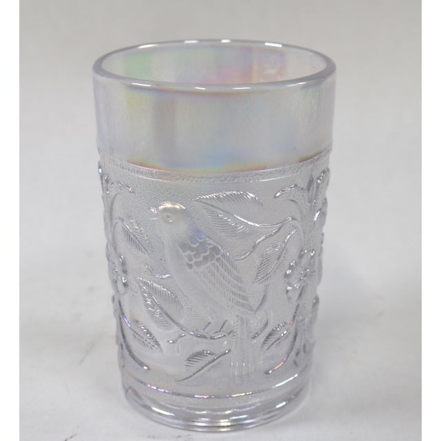 Vintage Imperial Carnival Glass Iridescent Frosty White Robins & Flowers Pitcher and 4 Glasses For Sale - Image 11 of 13
