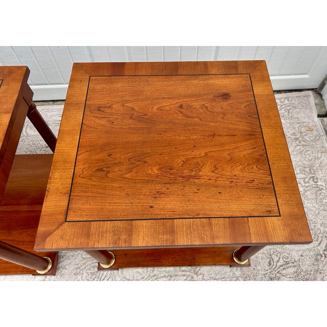 Baker Furniture Company Vtg. Baker Pair of Regency Style Cherry Side Tables W/Inlay & Brass Trim For Sale - Image 4 of 16