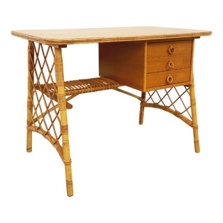 Vintage Desk in Rattan and Wood by Louis Sognot, 1960s For Sale