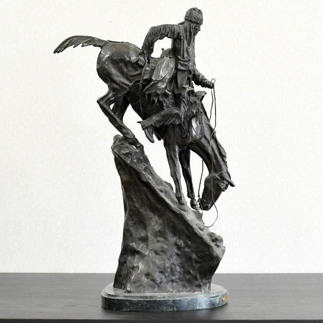 Bronze Buffalo Signal Sculpture After Frederic Remington on Marble Base For Sale - Image 4 of 13