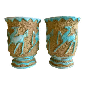 Vintage 1950s Mid Century Modernist Saca Italian Art Pottery Sgraffito Jardiniere Urn Vases - a Pair