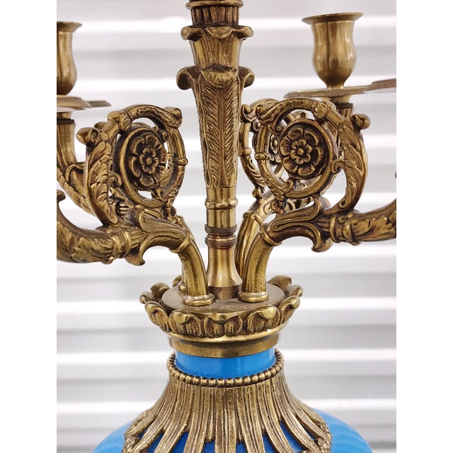 Blue Antique French Blue Opaline Glass & Bronze Candelabra Table Lamp For Sale - Image 8 of 16