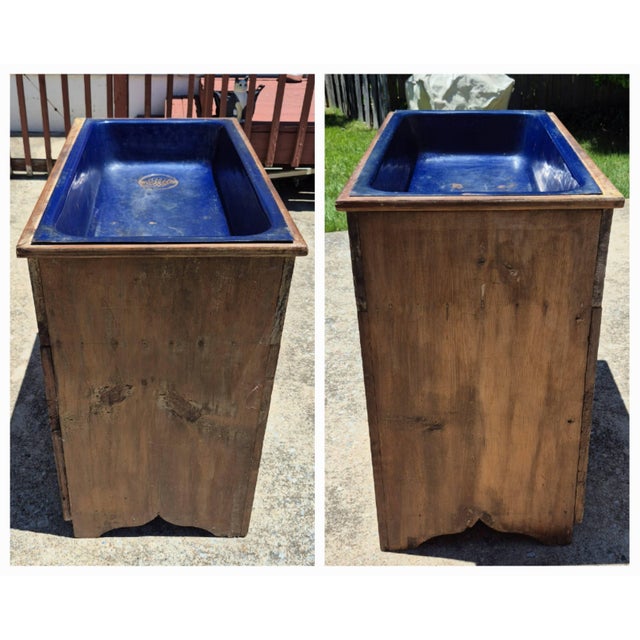 19th Century American Primitive Pine Dry Sink Cupboard Cabinet Vanity W/ Cobalt Blue Enameled Cast Iron Sink & Drain For Sale - Image 10 of 12