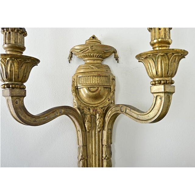 French Pair of 19th Century Louis XVI Style Gilt Bronze Sconces For Sale - Image 11 of 12