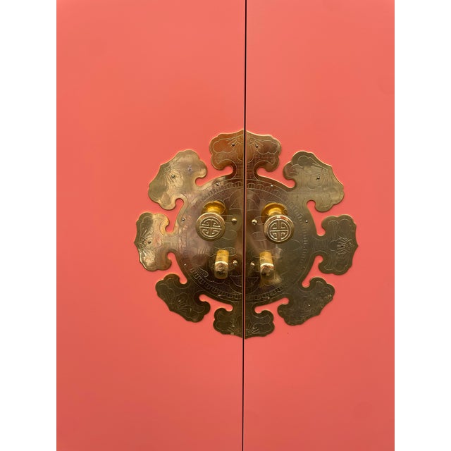 Orange 1960s Hollywood Regency Asian-Inspired Dresser in Tucson Coral Lacquer With Brass Hardware – 72” Credenza For Sale - Image 8 of 10