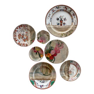 "Hollyhocks" Contemporary Installation of Ceramic Plates and Oil on Canvas - Set of 7 For Sale