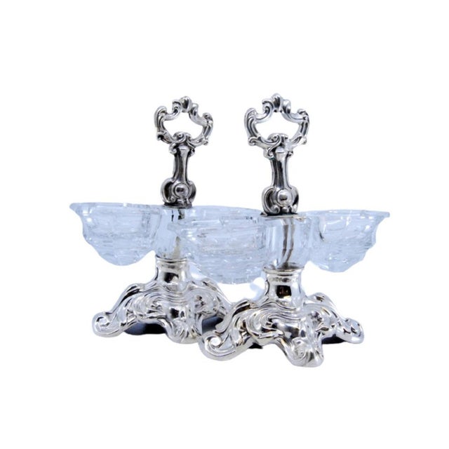 Salt and Pepper Shakers in Embossed Silver with Cut Glass Containers, Set of 2 For Sale - Image 10 of 10