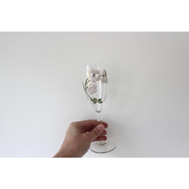 1980s Two Vintage Perrier Jouet Painted Champagne Glasses, Pair of Flutes, French Glassware For Sale - Image 5 of 8