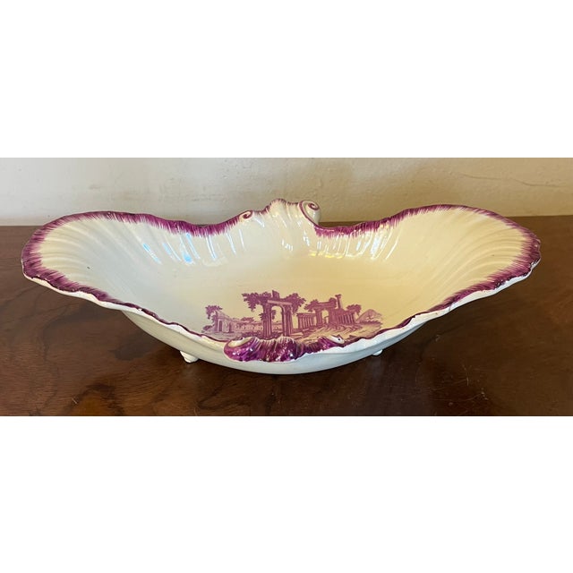 Ceramic Antique 18th Century Wedgwood Shell Shape Puce Creamware Serving Dish Decorated With Feather Edge and Classical Ruins For Sale - Image 7 of 14