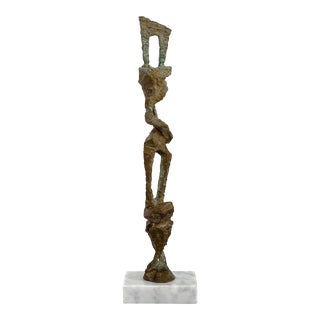Vintage 1960s 11.75" Tall Elongated Abstract Geometric Figure Bronze Sculpture W/ Marble Base Signed For Sale