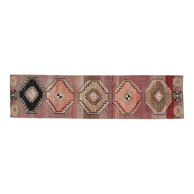 Colorful Pink Brown Red Runner Rug Vintage Turkish Oushak Wool Handmade Runner For Sale