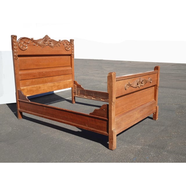 French Country 1930's Vintage French Country Oak Wood Full Bed Frame For Sale - Image 3 of 11