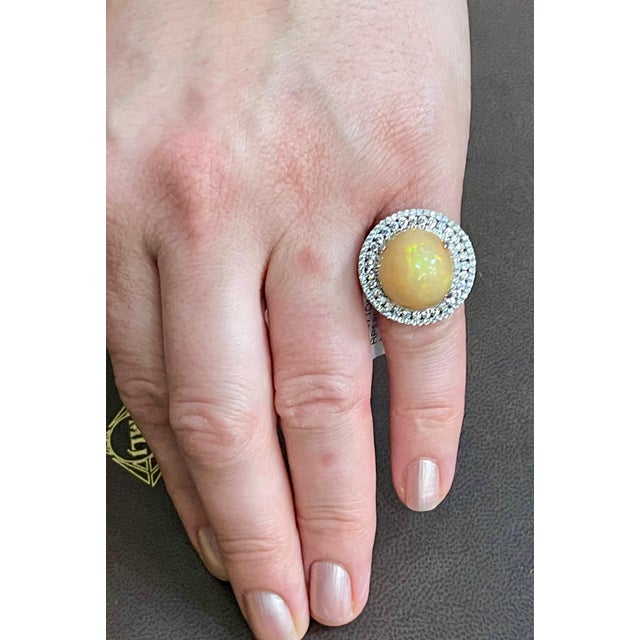 Round Opal and Diamond Cocktail Ring 18 Karat White Gold, Estate For Sale - Image 10 of 18