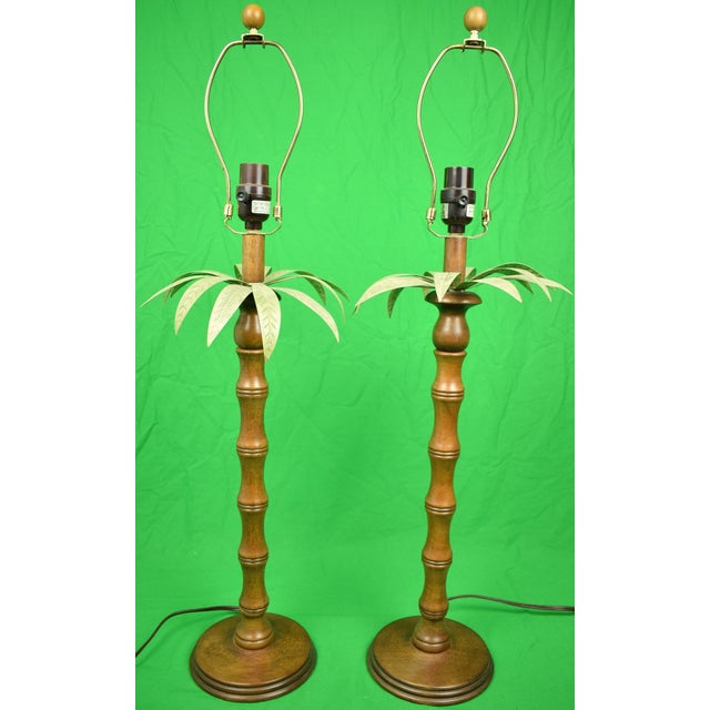 Traditional Pair X English Mahogany Table Lamps W/ Metal Palm Fronds & Faux Bamboo Stems For Sale - Image 3 of 5