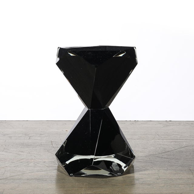 Glass Modernist Handblown Murano Jet Black Faceted Hourglass End Table For Sale - Image 7 of 7