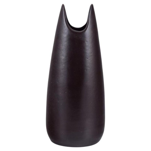 Ceramic Ceramic Vase with Dark Brown Glaze by Mari Simmulson for Upsala Ekeby For Sale - Image 7 of 7