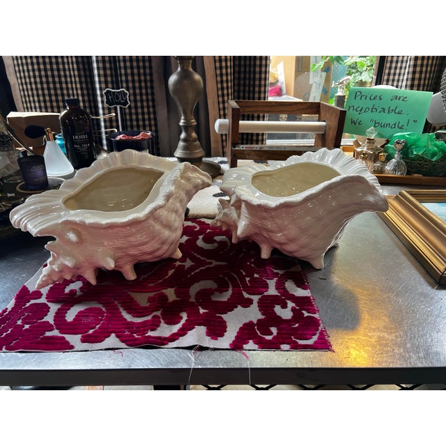 Ceramic Pair of Large White Ceramic Shell Style Planters For Sale - Image 7 of 10