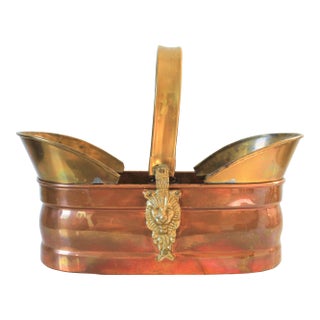 Vintage Brass & Copper Basket W/ Lion Head Motif For Sale
