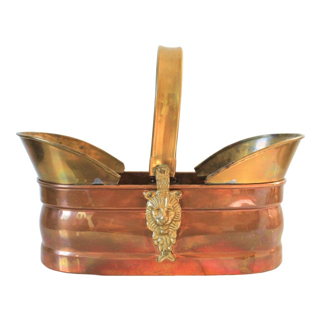 Vintage Brass & Copper Basket W/ Lion Head Motif For Sale