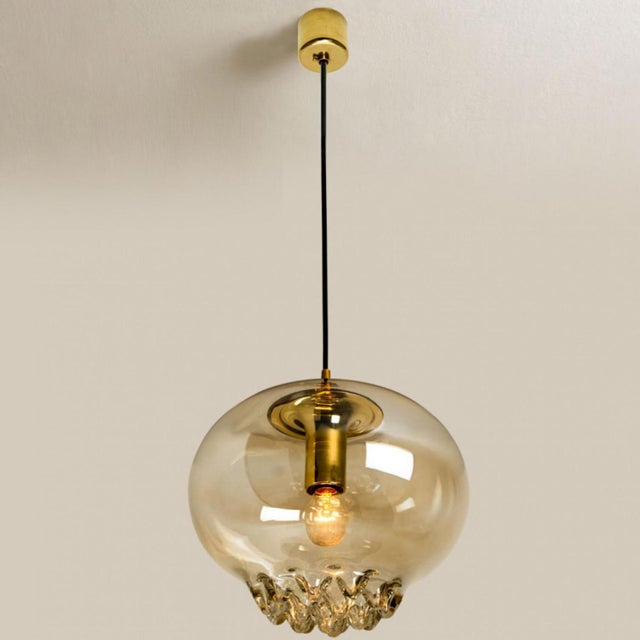 Black Smoked Brown Glass and Brass Pendant Lights attributed to Peill and Putzler, 1960s, Set of 2 For Sale - Image 8 of 18
