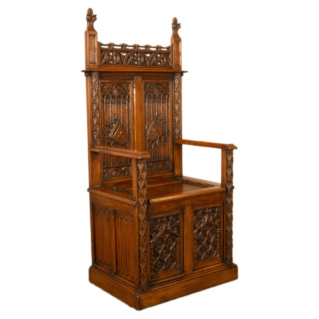 Antique 19thC French Carved Oak Gothic Revival Throne Storage Chair Seat 1880 For Sale - Image 13 of 13