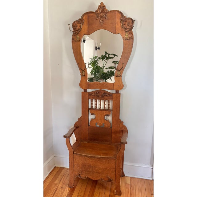 Antique American Carved Quarter-Sawn Oak Hall Tree Seat Stand With Mirror For Sale - Image 15 of 15