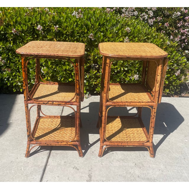 Late 20th Century 2 Vintage Rattan Bamboo Nightstands End Tables, Drop Down Shelf For Sale - Image 5 of 9