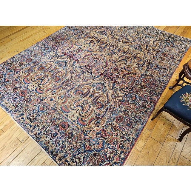 Antique Persian Kerman Lavar Rug, Hand-Knotted Wool, All-Over Floral Pattern, Ivory & Blue, 9x12 For Sale - Image 16 of 16